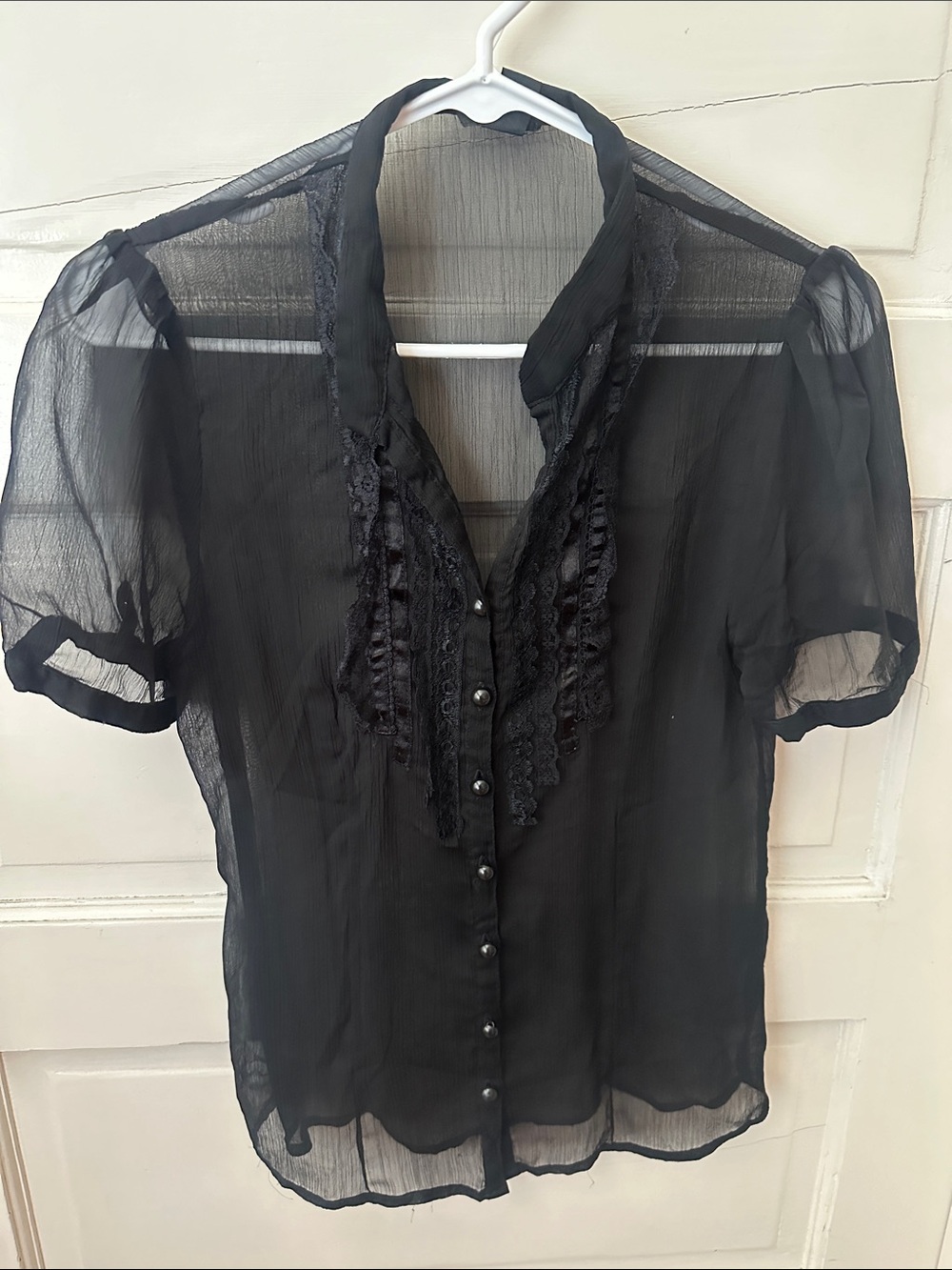 Vintage 2000’s Black Sheer Front Ruffle Lace Trim Short Sleeve Delicate Blouse